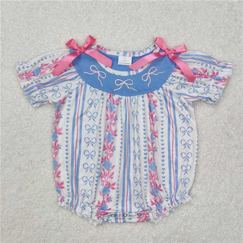 11.24 RTS NO MOQ （In stock）Matching SR2131 Baby Infant Girls Blue Pink Bows Short Sleeve Rompers