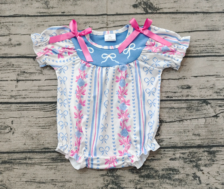 SR2131Short sleeves stripe light blue bow floral baby girls romper
