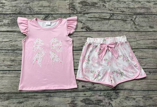 GSSO1702Flutter sleeves floral bow top shorts kids girls clothing