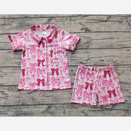 GSSO1718Short sleeves bow baby girls button down pajamas