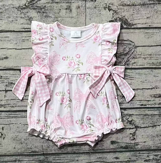 SR2379Flutter sleeves floral plaid bow baby girls romper