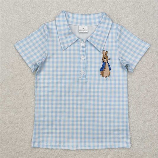 12.25 RTS NO MOQ （In stock）BT1095 Baby Boys Blue Checkered Rabbit Short Sleeve Tee Shirts Tops