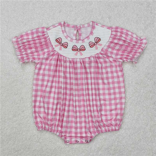 SR2325Short sleeves pink bow baby girls summer romper
