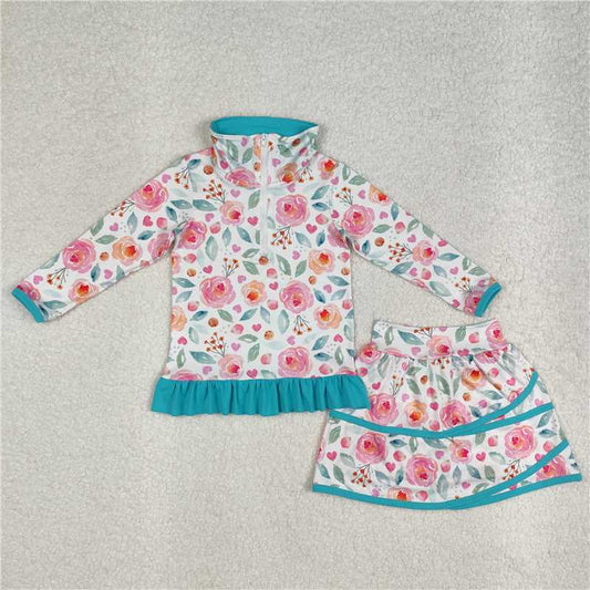 11.25 RTS NO MOQ （In stock）Matching GLD1009 Baby Girls Blue Flowers Jacket Skorts 2pcs Sets