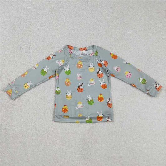 12.26 RTS NO MOQ （In stock）BT1137 Baby Boys Easter Green Rabbits Eggs Long Sleeve Raglan Tops