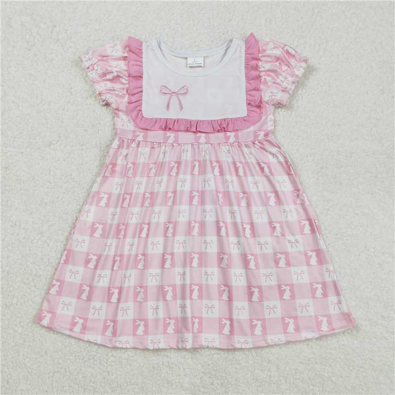 12.24 RTS NO MOQ （In stock）GSD1578 Embroidery Baby Girls Pink Easter Rabbits Checkered Knee Length Dresses