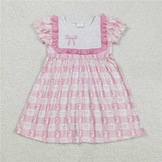 12.24 RTS NO MOQ （In stock）GSD1578 Embroidery Baby Girls Pink Easter Rabbits Checkered Knee Length Dresses