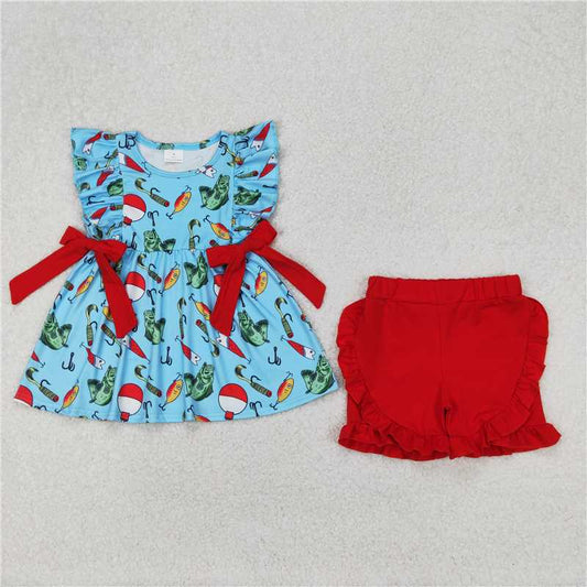 12.25 RTS NO MOQ （In stock）Matching GSSO2097 Baby Girls Fishing Float Bows Tunic Top Ruffle Shorts Clothes Sets