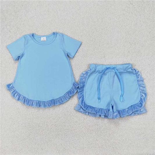 12.19 RTS NO MOQ （In stock）Matching GSSO2183 Baby Girls Blue Cotton Top Ruffle Shorts Clothes Sets