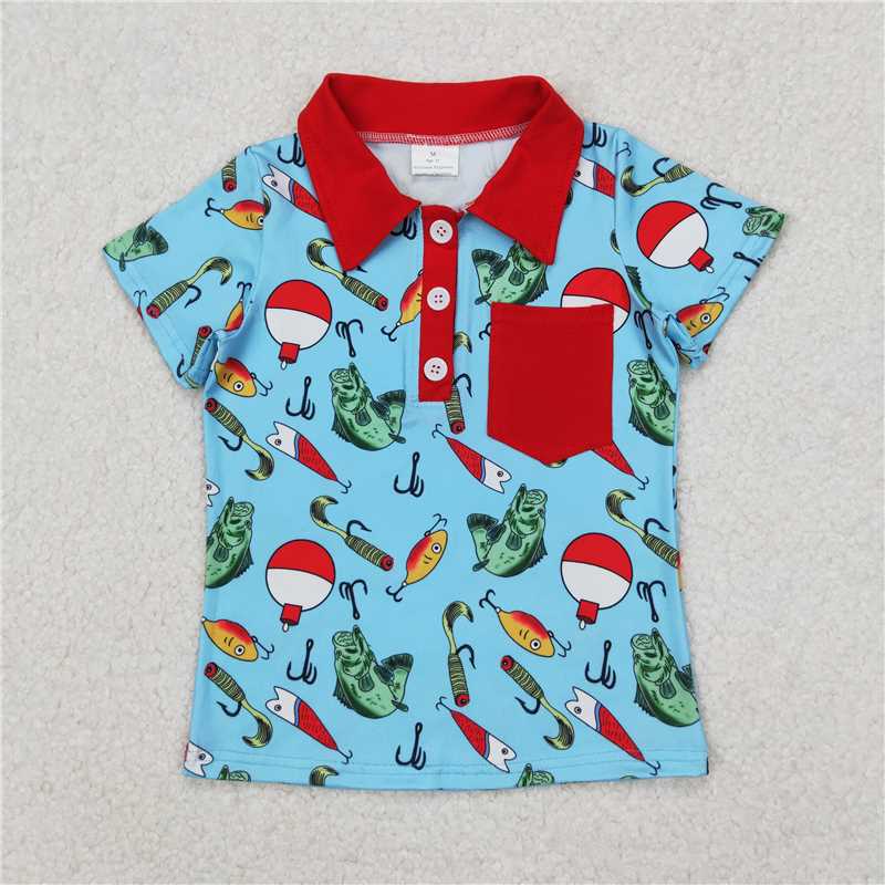 12.25 RTS NO MOQ （In stock）Matching BT1172 Baby Boys Fishing Float Buttons Pocket Short Sleeve Tee Shirts Tops