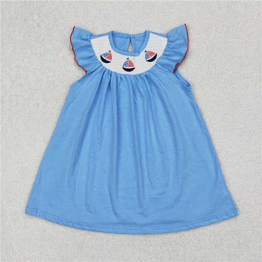 1.5 RTS NO MOQ （In stock）GSD1818 4th of July Smocked Baby Girls 4th Of July Sailboats Knee Length Dresses
