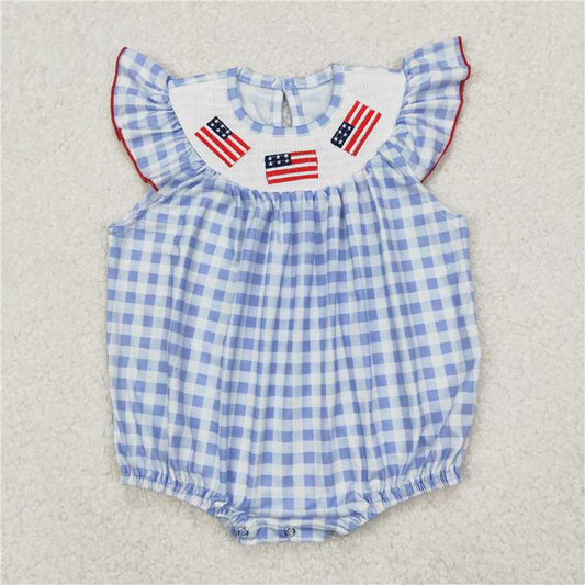1.5 RTS NO MOQ （In stock）SR2571 4th of July Smocked Baby Infant Girls 4th Of July Flags Sleeveless Rompers