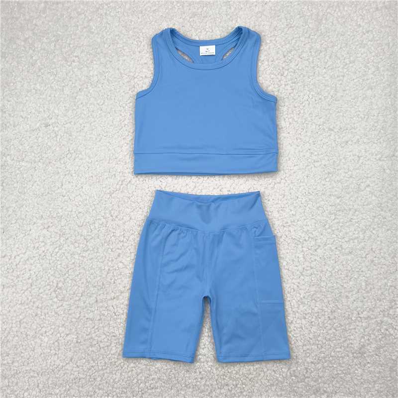 12.18 RTS NO MOQ （In stock）Matching GSSO1515 Baby Girls Blue Athletic Active Wear Top Shorts Clothes Sets