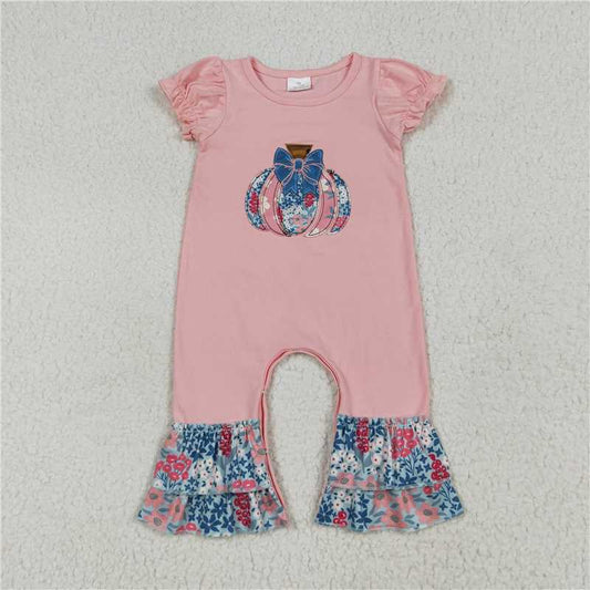 11.18 RTS NO MOQ （In stock）Matching SR3112 Embroidery Baby Girls Pink Short Ruffle Sleeves Floral Pumpkins Rompers