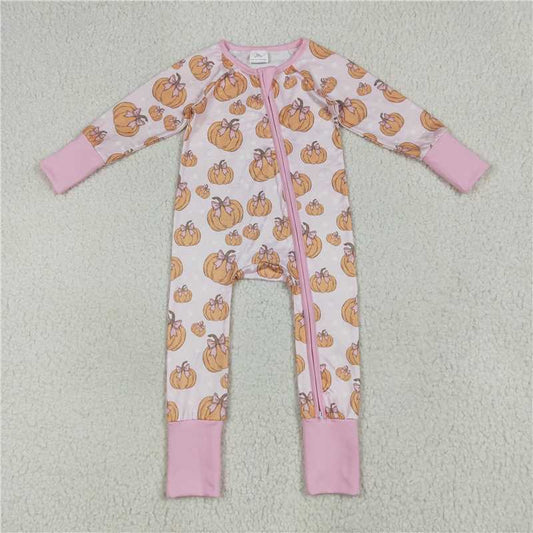 11.10 RTS NO MOQ （In stock）Matching LR2271 Baby Girls Long Sleeves Pink Bows Pumpkins Footie Zipper Rompers