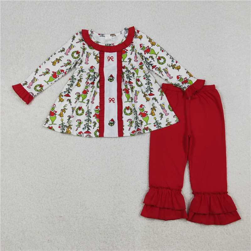 12.3 RTS NO MOQ （In stock）Matching Christmas GLP2812 Embroidery Grin Bows Baby Girls Tunic Ruffle Pant Christmas Clothes Sets