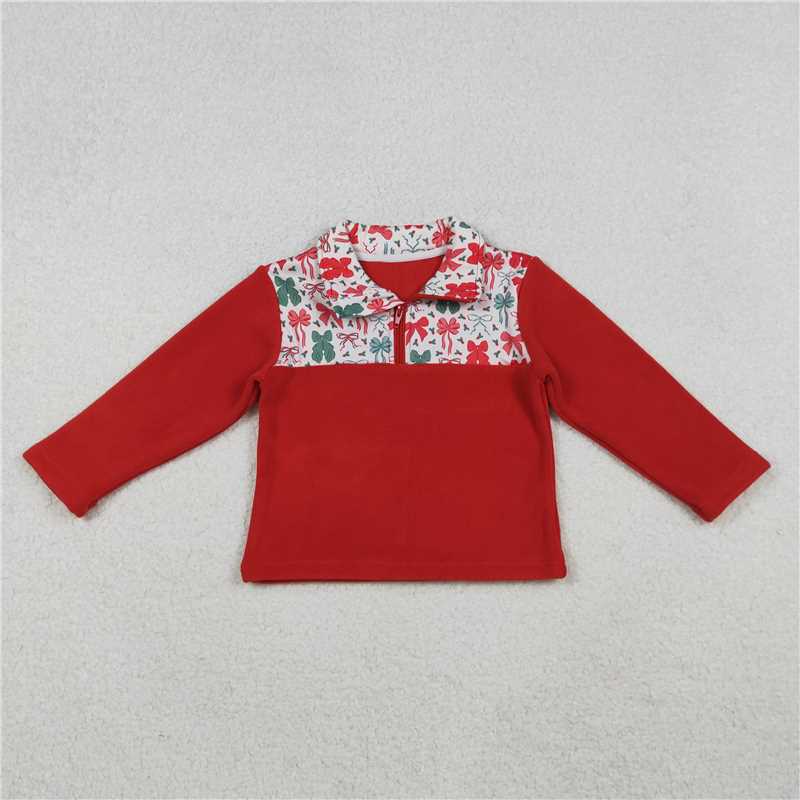 10.21 RTS NO MOQ （In stock）Matching Christmas GT1150 Baby Girls Red Green Bows Christmas Zipper Pullover Top