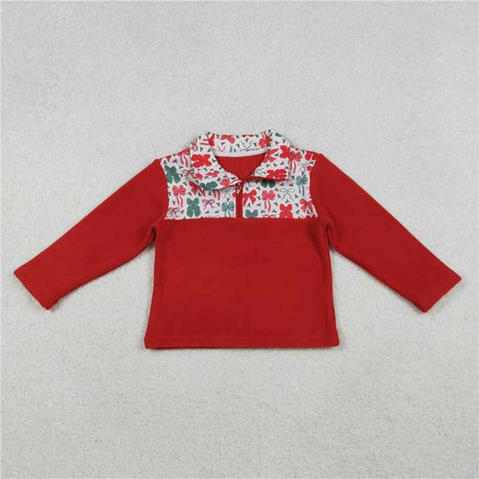 10.21 RTS NO MOQ （In stock）Matching Christmas GT1150 Baby Girls Red Green Bows Christmas Zipper Pullover Top