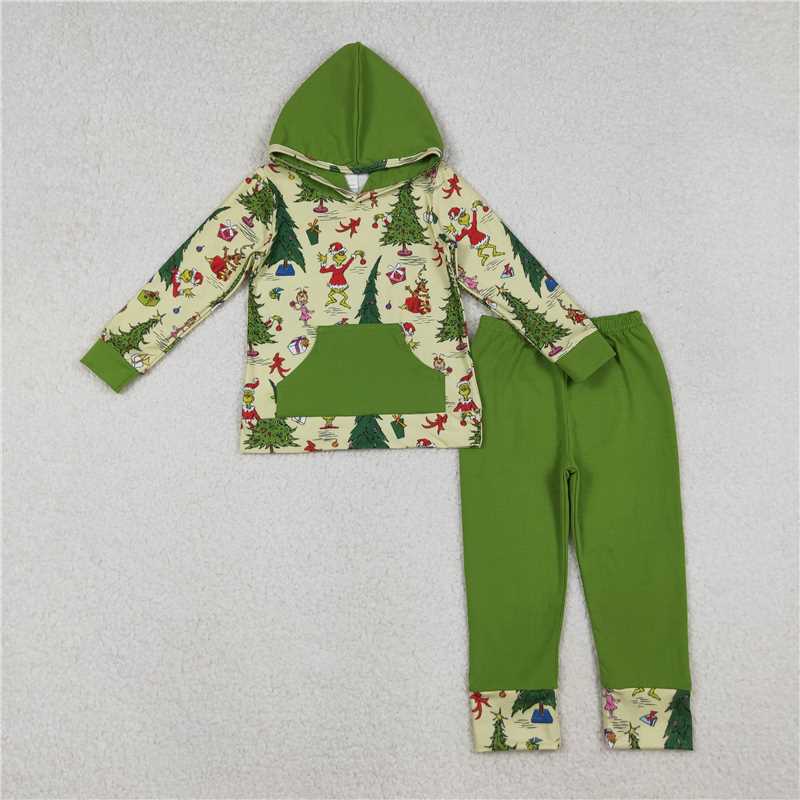 10.28 RTS NO MOQ （In stock）Matching Christmas BLP1224 Baby Boys Grin Trees Pocket Hoodie Leggings Christmas Clothes Sets