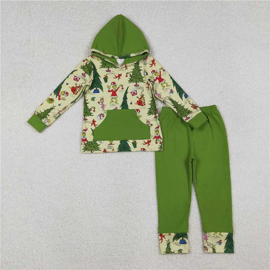 10.28 RTS NO MOQ （In stock）Matching Christmas BLP1224 Baby Boys Grin Trees Pocket Hoodie Leggings Christmas Clothes Sets