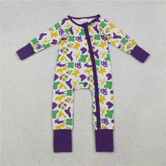 12.20 RTS NO MOQ （In stock）LR2637 Baby Boys Camo Crayfishes Mardigras Zipper Footie Rompers