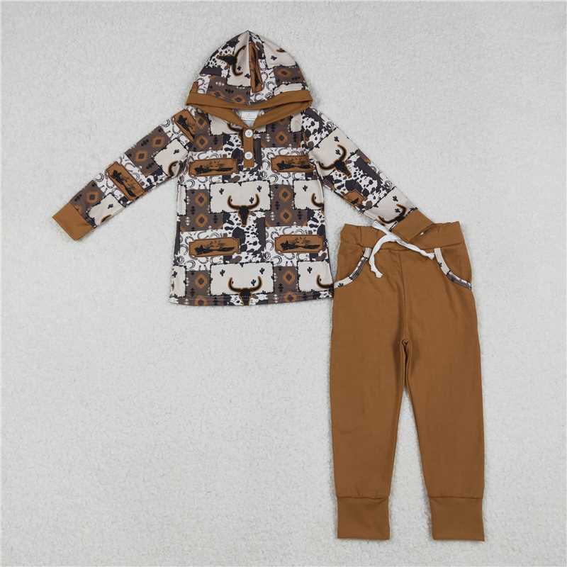 11.4 RTS NO MOQ （In stock）Matching BLP1238 Baby Boys Aztec Bull Skull Button Hoodies Pocke Pant Western Clothes Sets