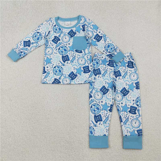 10.20 RTS NO MOQ （In stock） Matching Happy New Year BLP1259 Baby Boys Blue Pocket Happy New Year Top Pant Pajamas Set