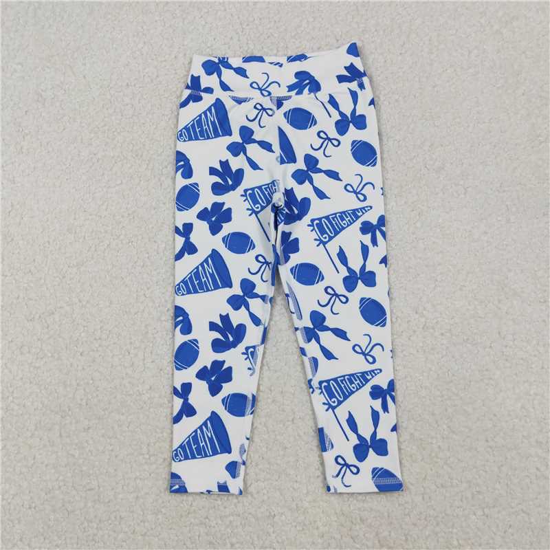 10.21 RTS NO MOQ （In stock）Matching P0845 Baby Girls Blue Bows Footballs Go Team Yoga Active Leggin