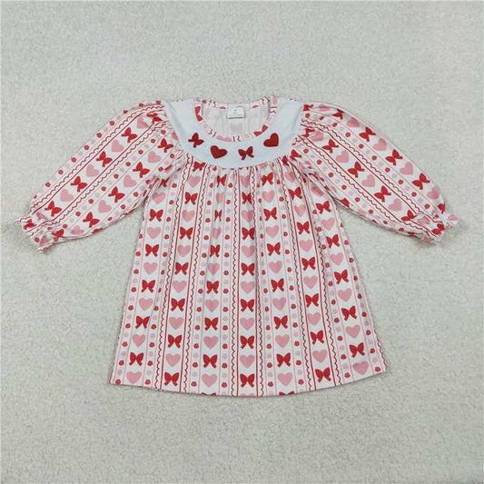 12.15 RTS NO MOQ （In stock）GLD1336 Embroidery Bows Hearts Baby Girls Stripes Valentine Knee Length Dresses