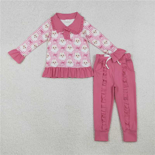 12.5 RTS NO MOQ （In stock）GLP2881 Baby Girls Pink Checked Santa Button Top Pockets Pants Christmas Clothes Sets
