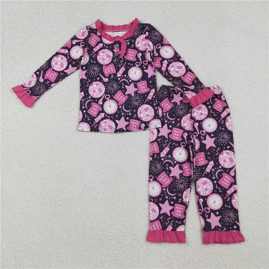 10.20 RTS NO MOQ （In stock） Matching Happy New Year GLP2771 Baby Girls Hot Pink Happy New Year Button Top Pant Pajamas Sets