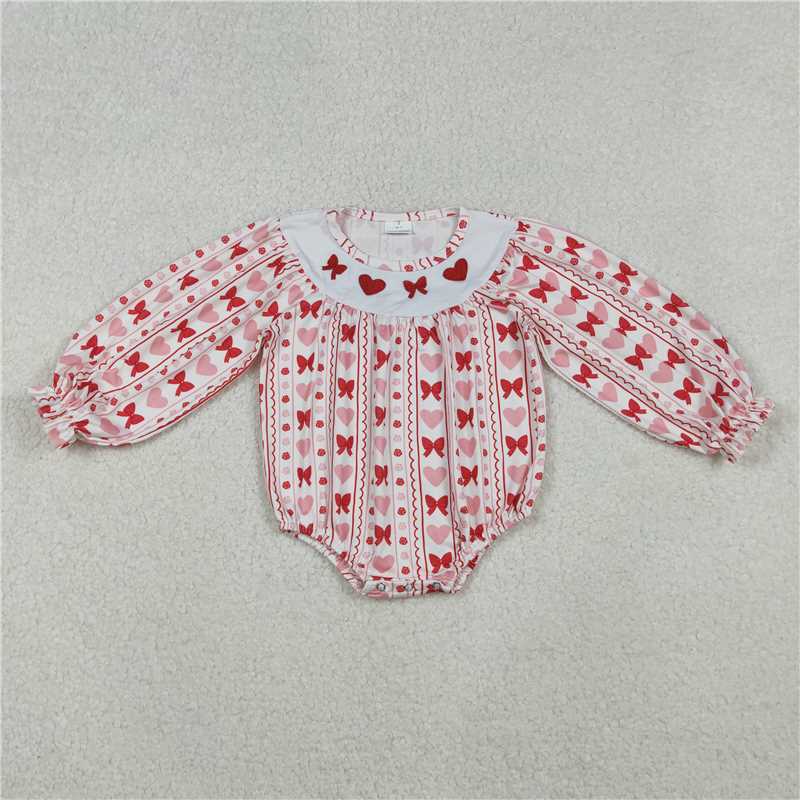 12.16 RTS NO MOQ （In stock）LR2696 Embroidery Bows Hearts Baby Girls Stripe Valentine Ruffle Rompers