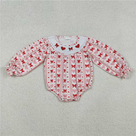 12.16 RTS NO MOQ （In stock）LR2696 Embroidery Bows Hearts Baby Girls Stripe Valentine Ruffle Rompers