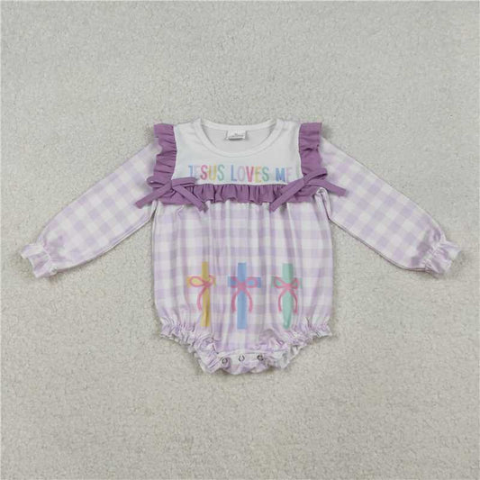 11.13 RTS NO MOQ （In stock）Matching LR2740 Baby Girls Lavender Checked Jesus Love Me Cross Ruffle Rompers