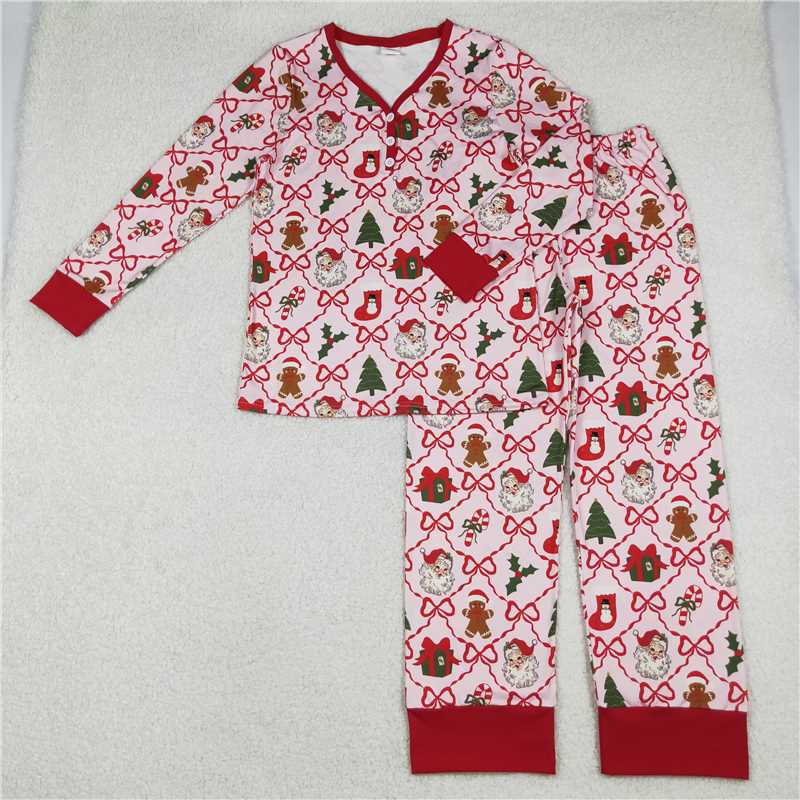 10.28 RTS NO MOQ （In stock）Matching Christmas GLP2815 Adult Women Red Bows Santa Checked Pant Christmas Pajamas Sets