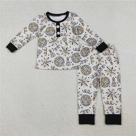11.6 RTS NO MOQ （In stock）Matching Happy New Year BLP1166Baby Boys Happy New Year Button Top Pant Pajamas Sets