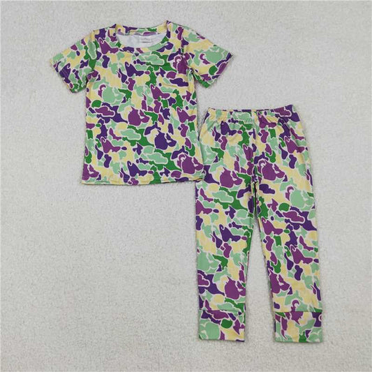 10.29 RTS NO MOQ （In stock） Matching Mardigras BSPO0584 Baby Boys Mardigras Camo Short Sleeve Pant Pajama Sets