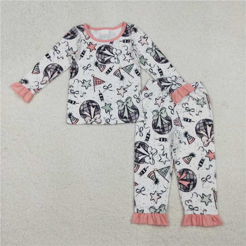 12.17 RTS NO MOQ （In stock）GLP2711 Baby Girls Happy New Year Top Ruffle Pant Pajamas Sets