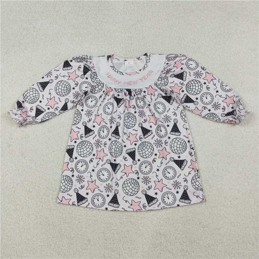 10.31 RTS NO MOQ （In stock）Matching Happy New Year GLD1231 Embroidery Happy New Year Baby Girls Stars Firework Knee Length Dresses