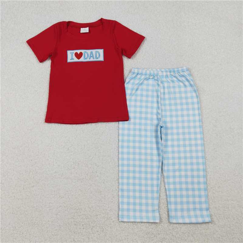 11.5 RTS NO MOQ （In stock）Matching BSPO0589 Embroidery I Love Dad Baby Boys Shirts Checked Pants Clothes Sets