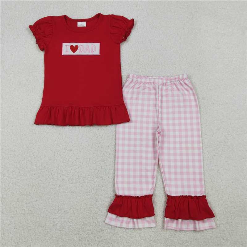 11.5 RTS NO MOQ （In stock）Matching GSPO2072 Embroidery I Love Dad Baby Girls Shirts Checked Ruffle Pants Clothes Sets