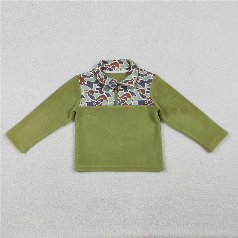10.21 RTS NO MOQ （In stock）Matching BT1308 Baby Boys Green Camo Quatrefoil Zipper Pullover Sherpa Tops