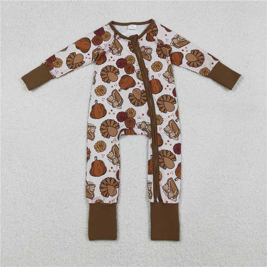 10.27 RTS NO MOQ （In stock）Matching Thanksgiving LR2690 Baby Boys Pie Turkey Pumpkins Thanksgiving Zipper Footie Rompers