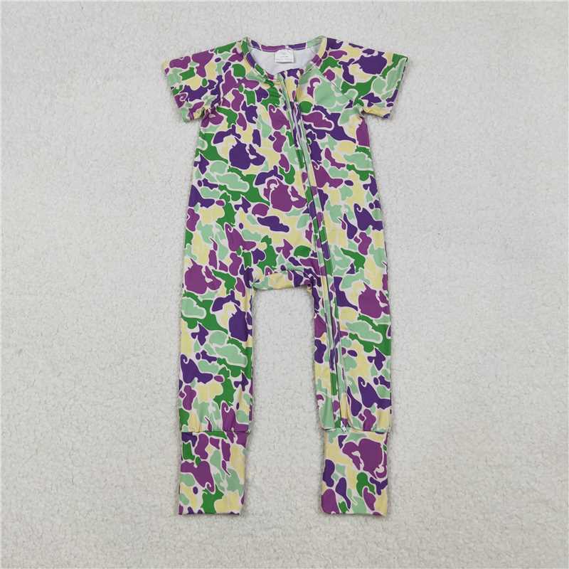 12.19 RTS NO MOQ （In stock）SR3211 Baby Boys Mardigras Camo Short Sleeve Two Way Zip Convertible Rompers