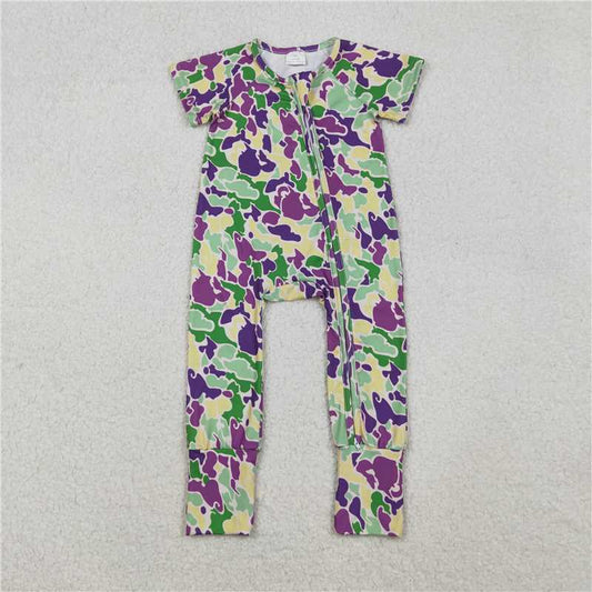 12.19 RTS NO MOQ （In stock）SR3211 Baby Boys Mardigras Camo Short Sleeve Two Way Zip Convertible Rompers