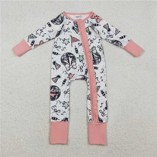 10.23 RTS NO MOQ （In stock） Matching Happy New Year LR2571 Baby Girls Happy New Year Ruffle Zipper Footie Rompers