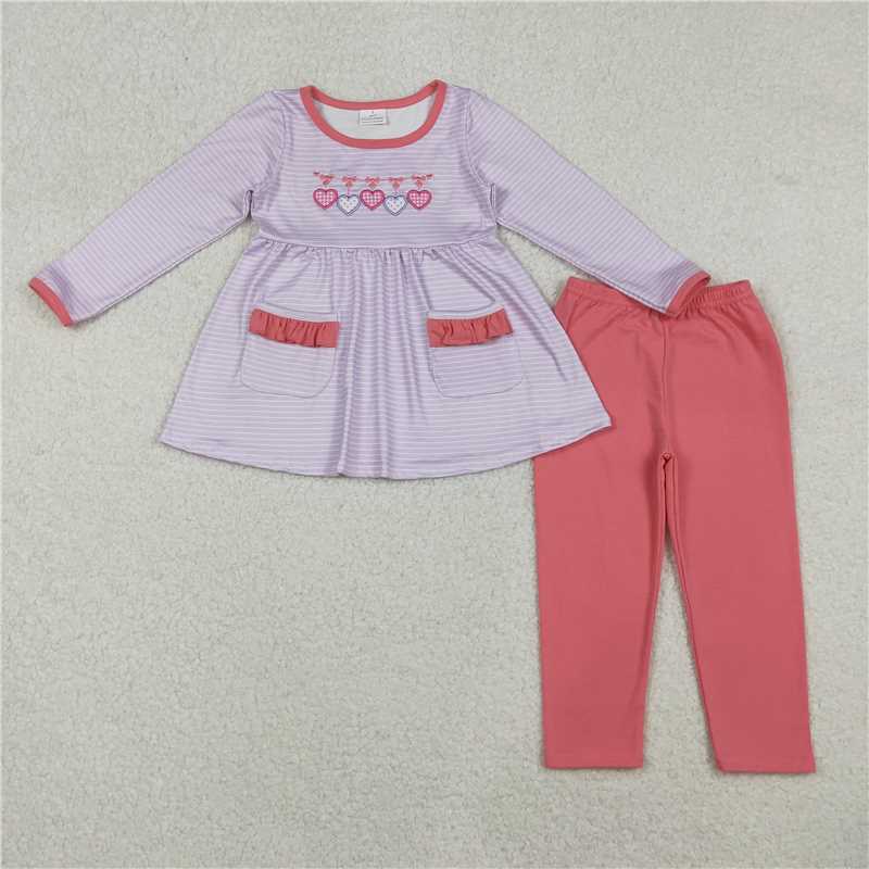 11.21 RTS NO MOQ （In stock）Matching Valentine GLP2906 Embroidery Hearts Baby Girls Stripe Pockets Tunic Leggings Valentine Clothes Sets