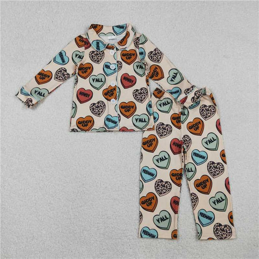 11.6 RTS NO MOQ （In stock）Matching Valentine BLP1284 Baby Boys Long Sleeves Hearts Button Top Pants Valentine Pajamas Sets