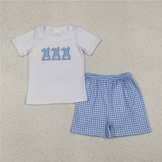 12.25 RTS NO MOQ （In stock）BSSO1123 Embroidery Rabbits Baby Boys Checkered Shorts Easter Clothes Sets