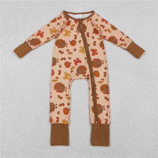 10.27 RTS NO MOQ （In stock）Matching Thanksgiving LR2689 Baby Boys Bows Turkey Pumpkins Thanksgiving Two Way Zip Convertible Rompers